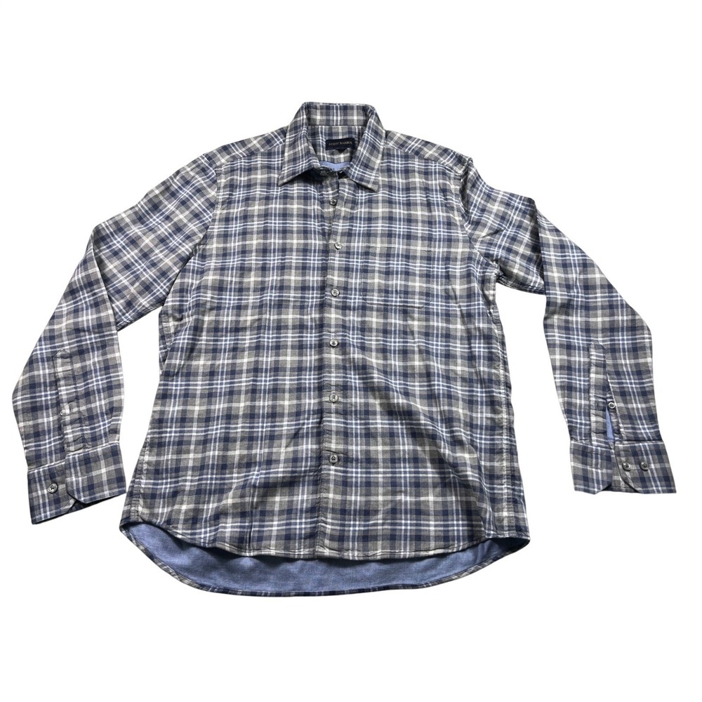 Scott Barber 100% Cotton Blue Gray Plaid Button Front Shirt Men's Large